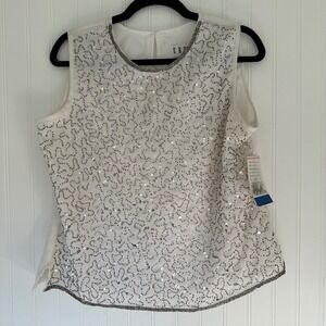 Erena Petite Beaded Sequin Sleeveless Top Party‎ Tank Blouse Ivory L